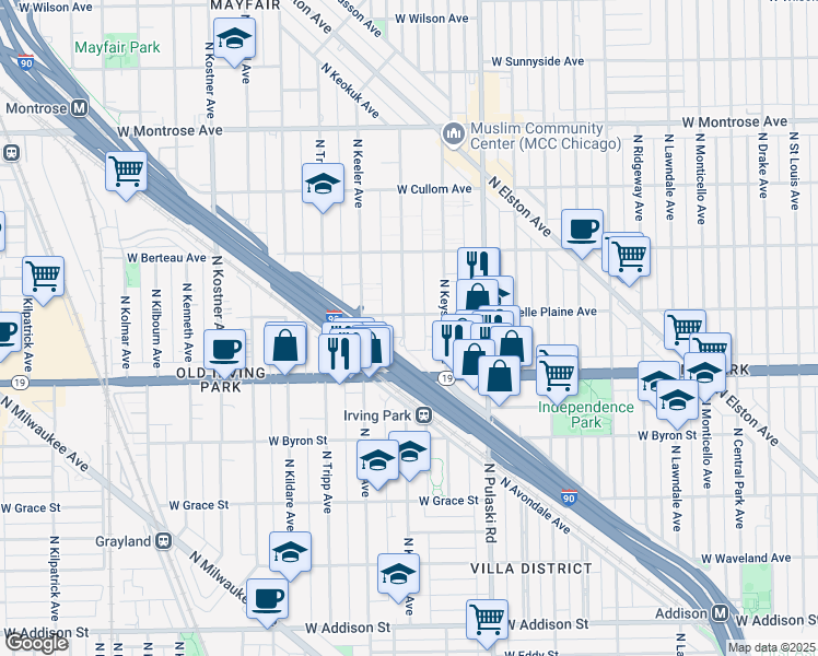 map of restaurants, bars, coffee shops, grocery stores, and more near 4045 North Kedvale Avenue in Chicago