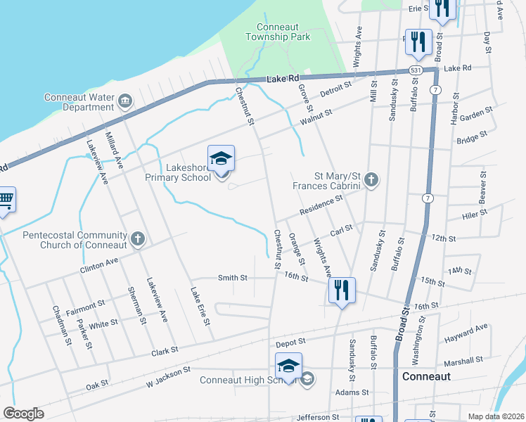 map of restaurants, bars, coffee shops, grocery stores, and more near 681 Chestnut Street in Conneaut