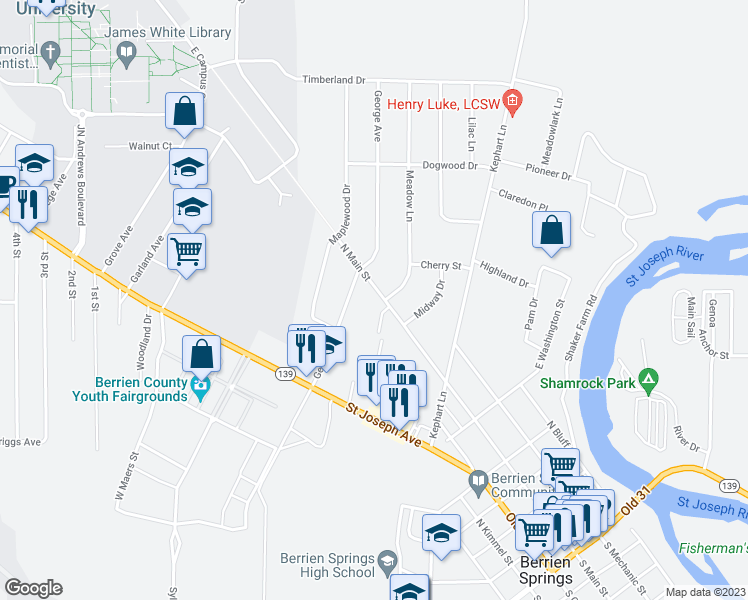 map of restaurants, bars, coffee shops, grocery stores, and more near 9030 North Main Street in Berrien Springs