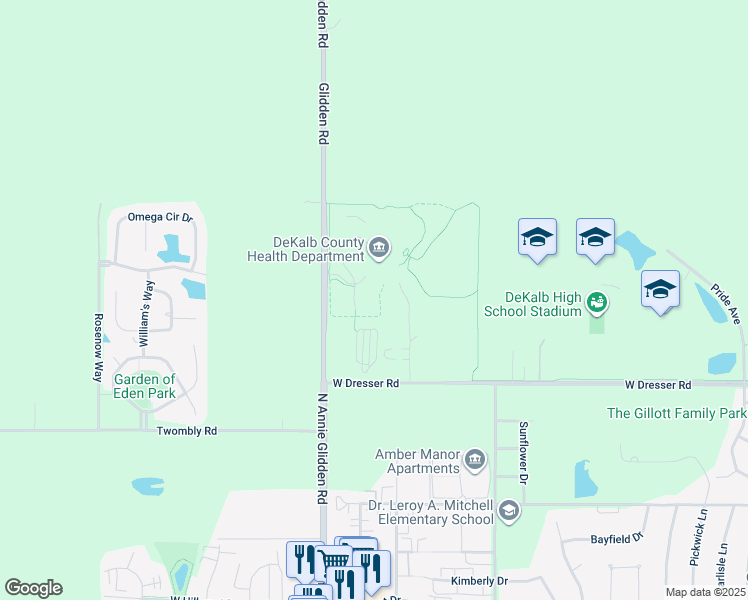 map of restaurants, bars, coffee shops, grocery stores, and more near 2500 North Annie Glidden Road in DeKalb