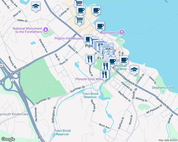 map of restaurants, bars, coffee shops, grocery stores, and more near 1 Stoddard Street in Plymouth