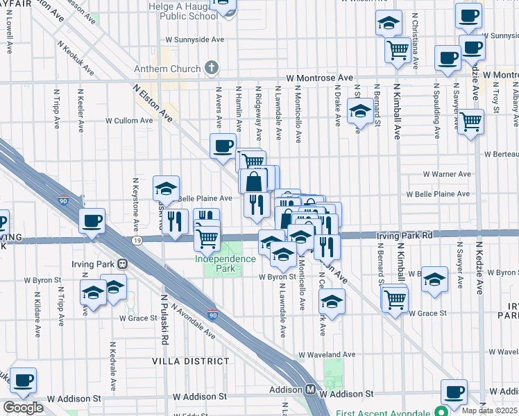 map of restaurants, bars, coffee shops, grocery stores, and more near 4092 North Elston Avenue in Chicago
