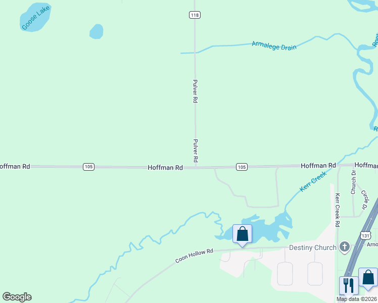 map of restaurants, bars, coffee shops, grocery stores, and more near 57882 Pulver Road in Three Rivers