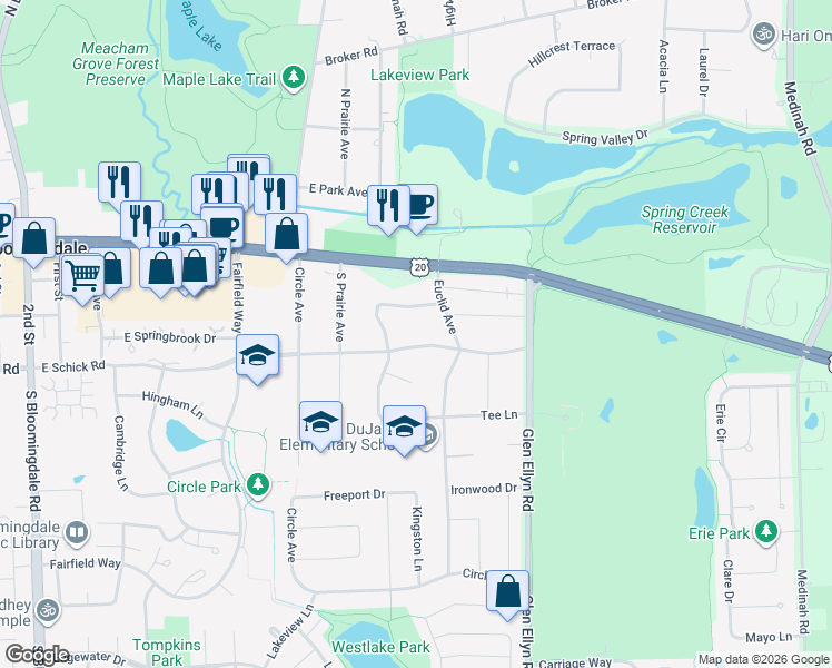 map of restaurants, bars, coffee shops, grocery stores, and more near 237 East Schick Road in Bloomingdale