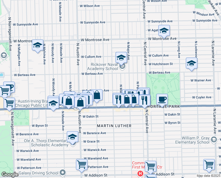map of restaurants, bars, coffee shops, grocery stores, and more near 4100 North Menard Avenue in Chicago