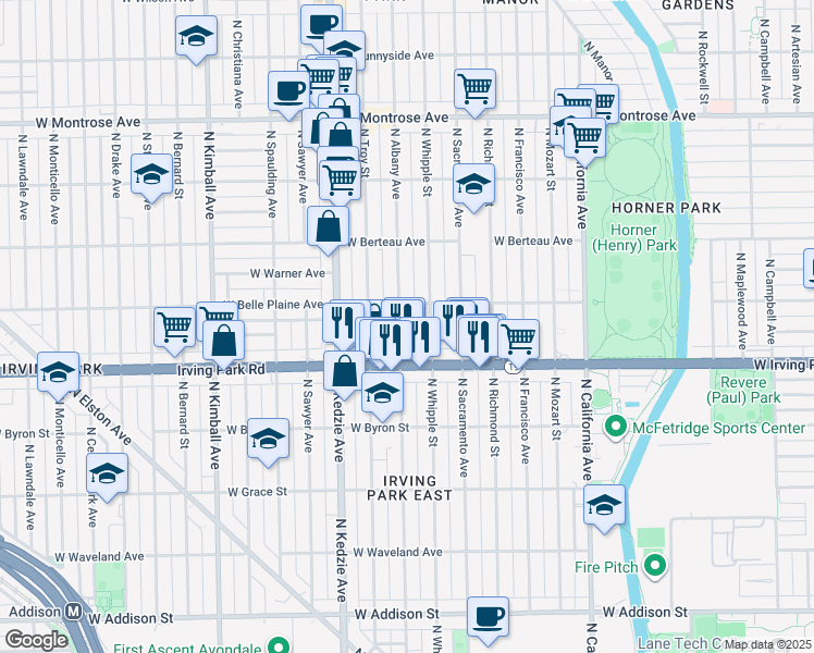 map of restaurants, bars, coffee shops, grocery stores, and more near 4035 North Albany Avenue in Chicago