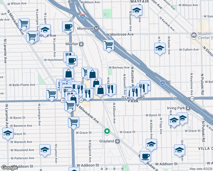 map of restaurants, bars, coffee shops, grocery stores, and more near 4052 North Kolmar Avenue in Chicago