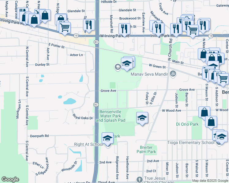 map of restaurants, bars, coffee shops, grocery stores, and more near 1120 Grove Avenue in Bensenville