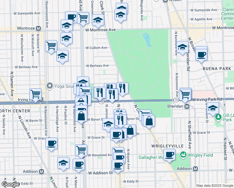 map of restaurants, bars, coffee shops, grocery stores, and more near 1401 West Cuyler Avenue in Chicago