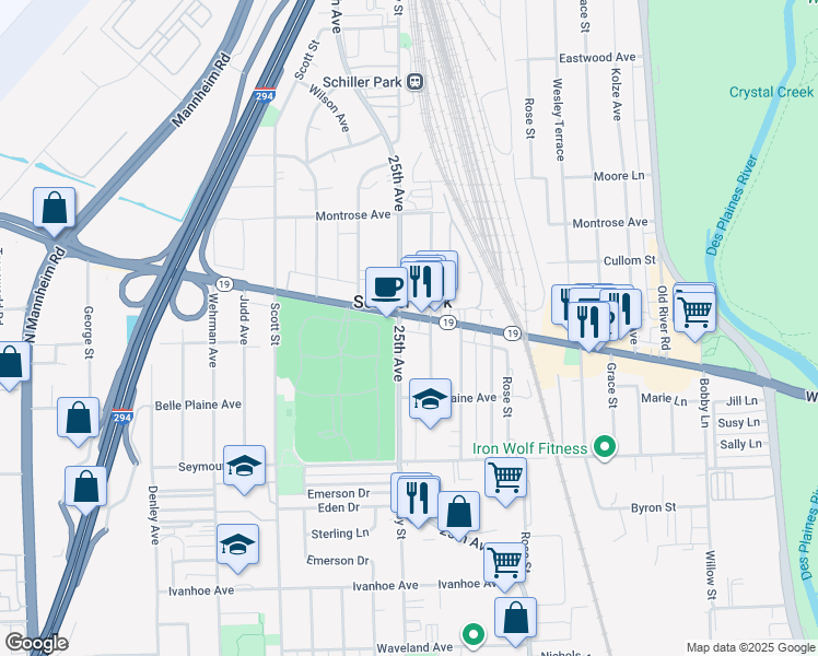 map of restaurants, bars, coffee shops, grocery stores, and more near in Schiller Park