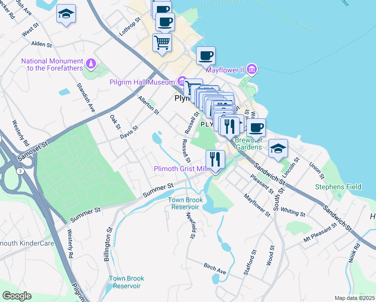 map of restaurants, bars, coffee shops, grocery stores, and more near 1 Stoddard Street in Plymouth