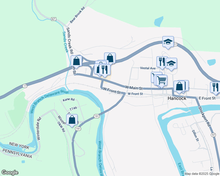 map of restaurants, bars, coffee shops, grocery stores, and more near 390 W Front St in Hancock