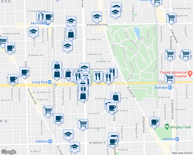 map of restaurants, bars, coffee shops, grocery stores, and more near 4025 North Greenview Avenue in Chicago