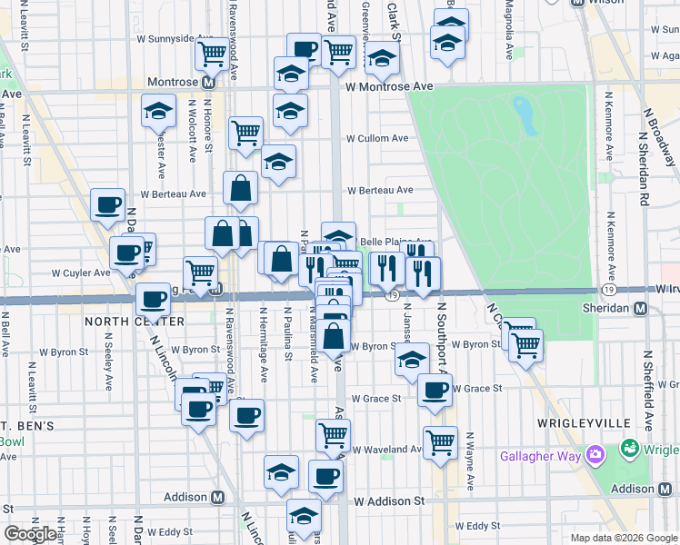 map of restaurants, bars, coffee shops, grocery stores, and more near 4020 North Ashland Avenue in Chicago