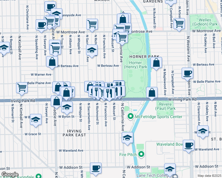 map of restaurants, bars, coffee shops, grocery stores, and more near 4031 North Francisco Avenue in Chicago