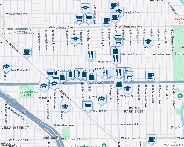 map of restaurants, bars, coffee shops, grocery stores, and more near 3350 West Cuyler Avenue in Chicago