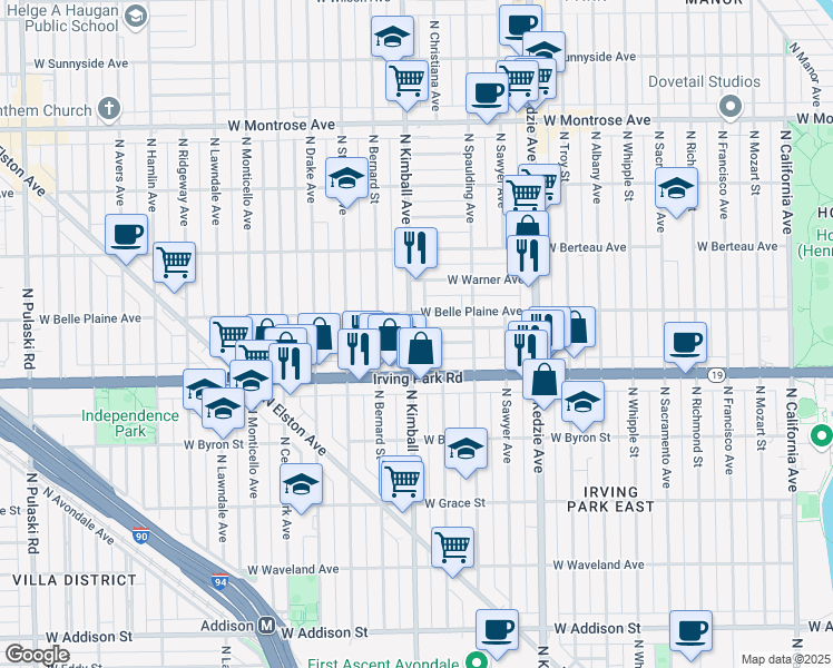 map of restaurants, bars, coffee shops, grocery stores, and more near 3350 West Cuyler Avenue in Chicago
