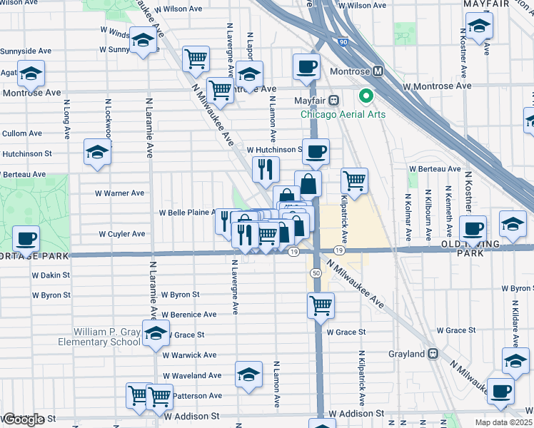 map of restaurants, bars, coffee shops, grocery stores, and more near 4080 North Milwaukee Avenue in Chicago
