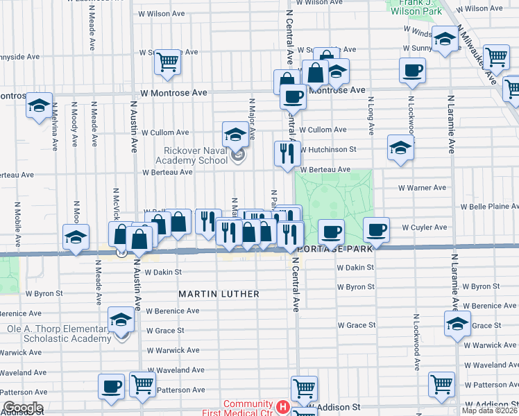 map of restaurants, bars, coffee shops, grocery stores, and more near 4101 North Major Avenue in Chicago