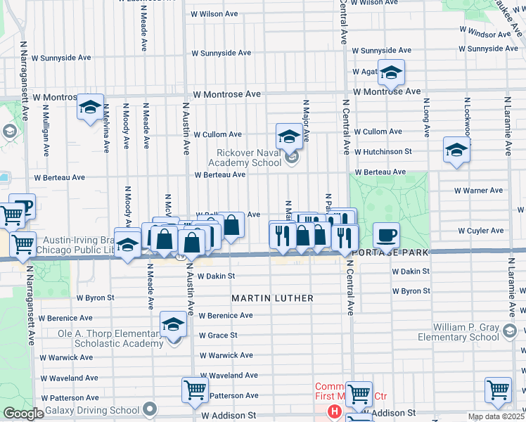 map of restaurants, bars, coffee shops, grocery stores, and more near 4100 North Menard Avenue in Chicago
