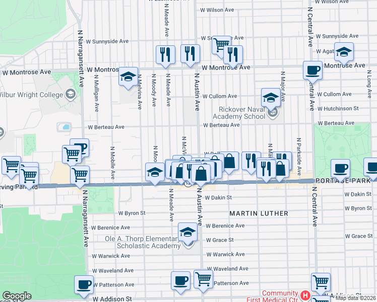 map of restaurants, bars, coffee shops, grocery stores, and more near 4100 North Austin Avenue in Chicago