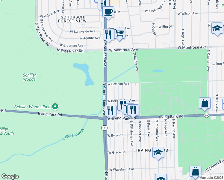 map of restaurants, bars, coffee shops, grocery stores, and more near 4134 North Pontiac Avenue in Chicago