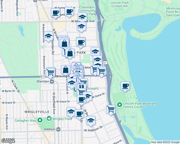 map of restaurants, bars, coffee shops, grocery stores, and more near 660 West Irving Park Road in Chicago
