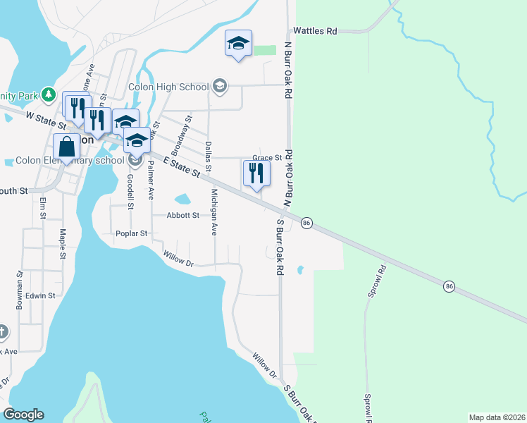 map of restaurants, bars, coffee shops, grocery stores, and more near 804 East State Street in Colon