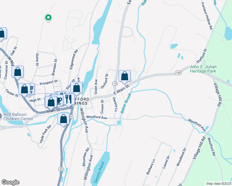 map of restaurants, bars, coffee shops, grocery stores, and more near 59 East Main Street in Stafford