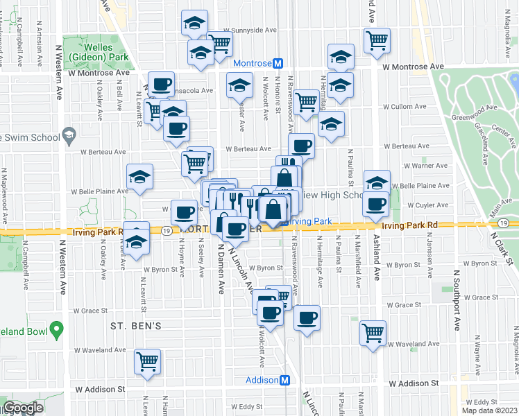 map of restaurants, bars, coffee shops, grocery stores, and more near N Wolcott Ave & W Cuyler Ave in Chicago