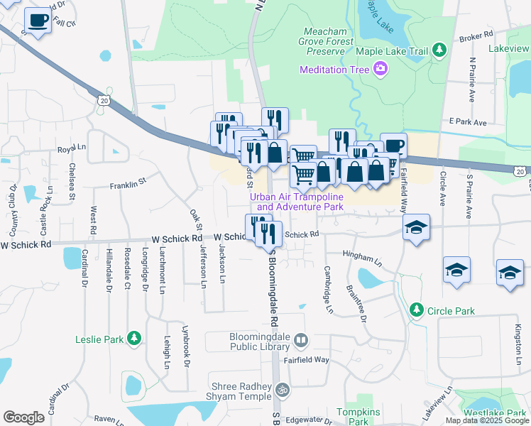 map of restaurants, bars, coffee shops, grocery stores, and more near 130 South Bloomingdale Road in Bloomingdale