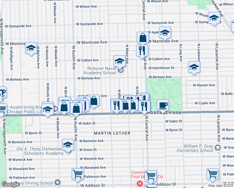 map of restaurants, bars, coffee shops, grocery stores, and more near 5734 West Belle Plaine Avenue in Chicago
