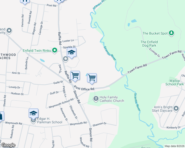 map of restaurants, bars, coffee shops, grocery stores, and more near 237 Post Office Road in Enfield