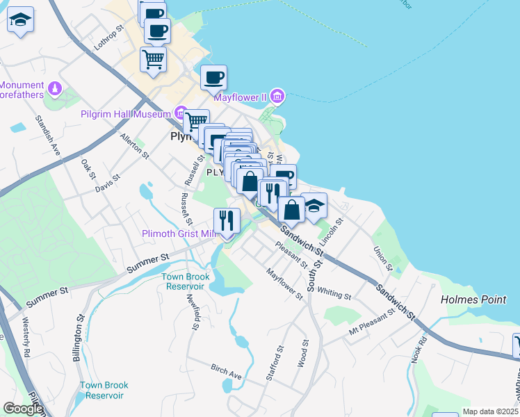 map of restaurants, bars, coffee shops, grocery stores, and more near 21 Main Street Extension in Plymouth