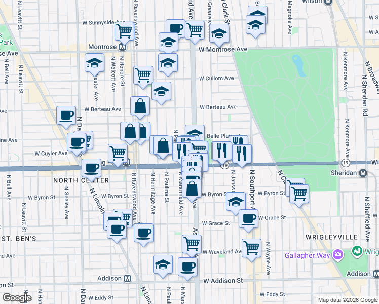 map of restaurants, bars, coffee shops, grocery stores, and more near 4024 North Ashland Avenue in Chicago