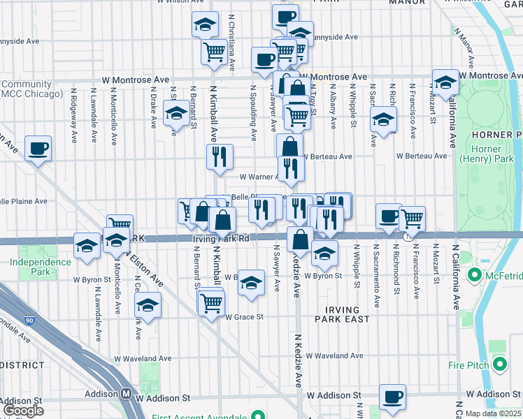 map of restaurants, bars, coffee shops, grocery stores, and more near 4034 North Sawyer Avenue in Chicago