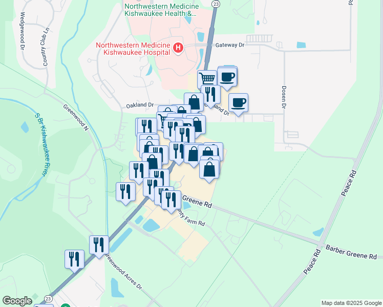 map of restaurants, bars, coffee shops, grocery stores, and more near 2560 Sycamore Road in DeKalb