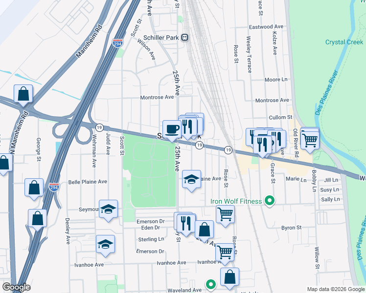 map of restaurants, bars, coffee shops, grocery stores, and more near in Schiller Park