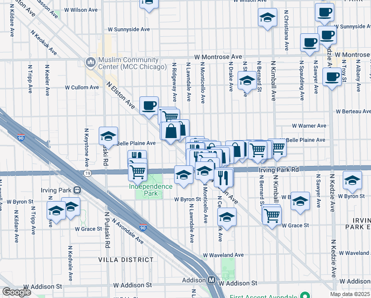map of restaurants, bars, coffee shops, grocery stores, and more near 3669 West Belle Plaine Avenue in Chicago