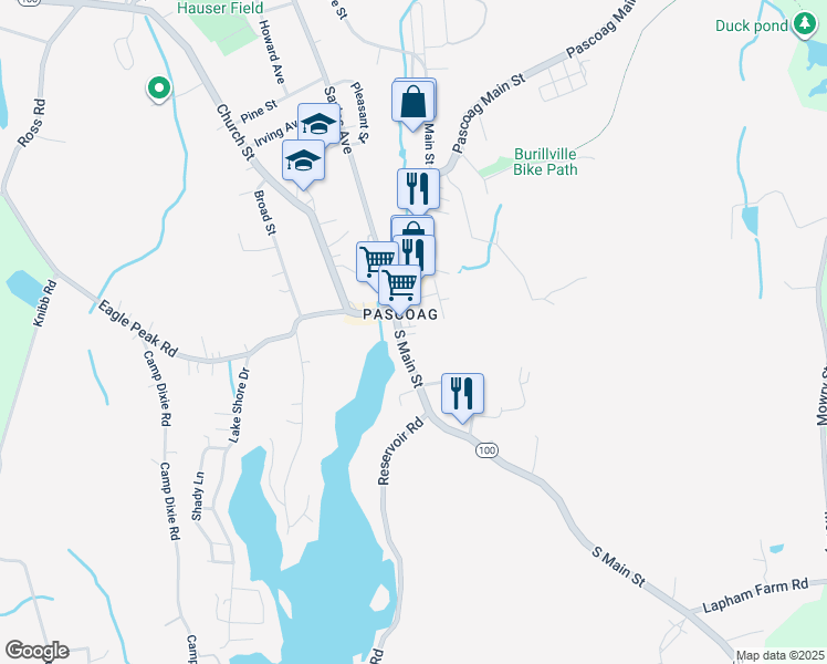 map of restaurants, bars, coffee shops, grocery stores, and more near 26 South Main Street in Burrillville
