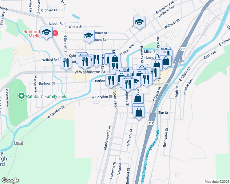 map of restaurants, bars, coffee shops, grocery stores, and more near 33 South Avenue in Bradford