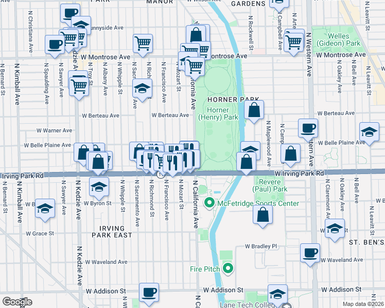 map of restaurants, bars, coffee shops, grocery stores, and more near 4041 North Mozart Street in Chicago