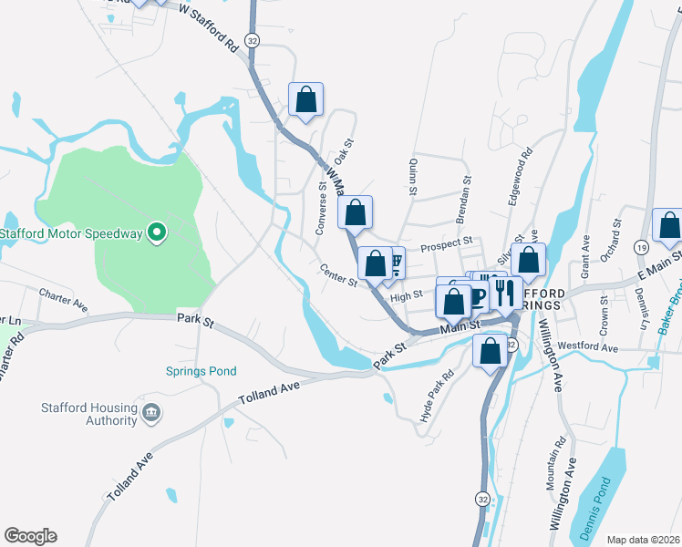 map of restaurants, bars, coffee shops, grocery stores, and more near 13 Center Street in Stafford