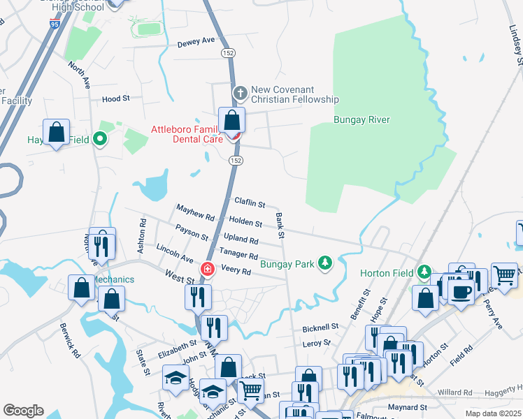 map of restaurants, bars, coffee shops, grocery stores, and more near 27 Claflin Street in Attleboro