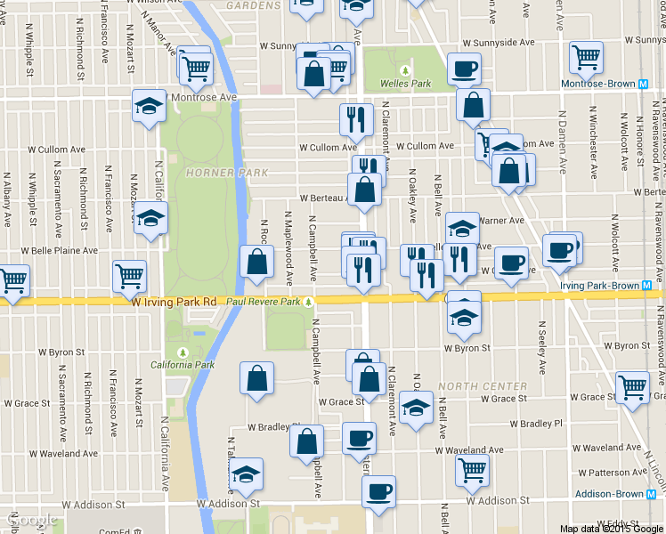 map of restaurants, bars, coffee shops, grocery stores, and more near 2436 West Cuyler Avenue in Chicago