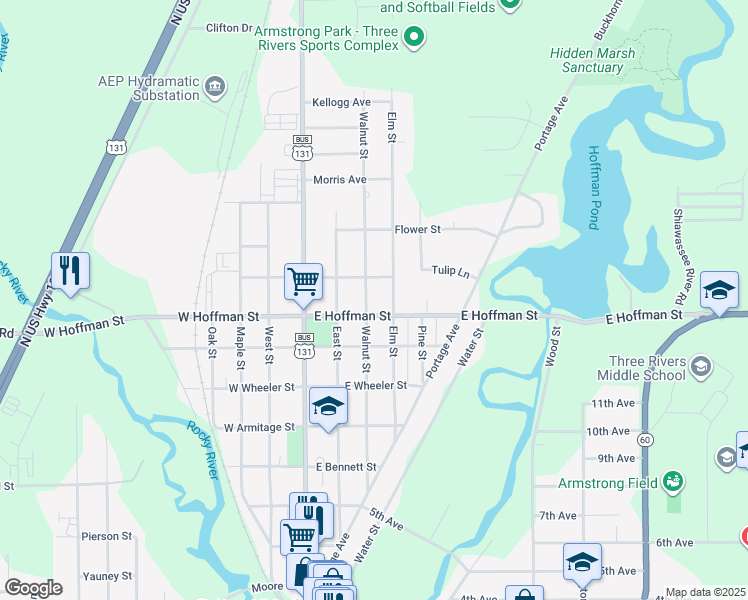 map of restaurants, bars, coffee shops, grocery stores, and more near 300 East Hoffman Street in Three Rivers