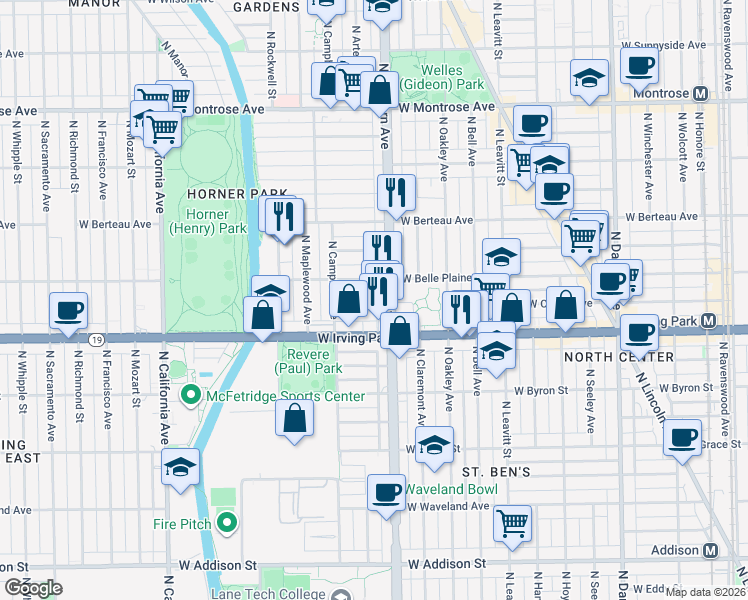 map of restaurants, bars, coffee shops, grocery stores, and more near 4032 North Western Avenue in Chicago