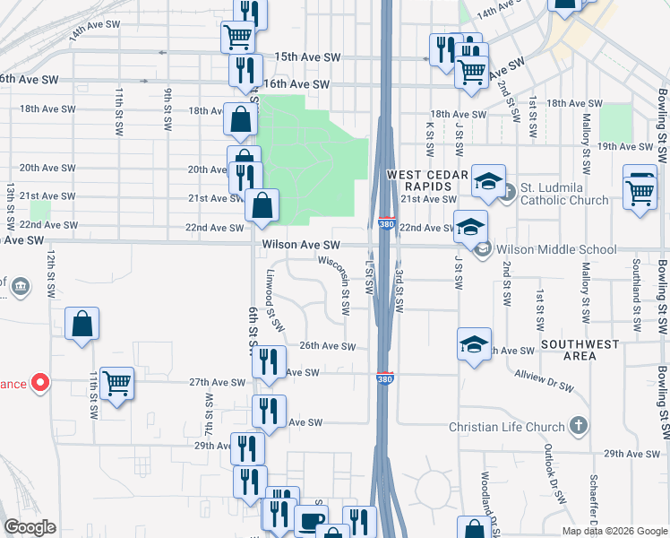 map of restaurants, bars, coffee shops, grocery stores, and more near 2425 Wisconsin Street Southwest in Cedar Rapids