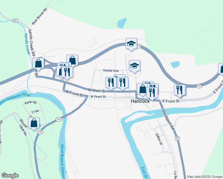 map of restaurants, bars, coffee shops, grocery stores, and more near 24-32 W Main St in Hancock