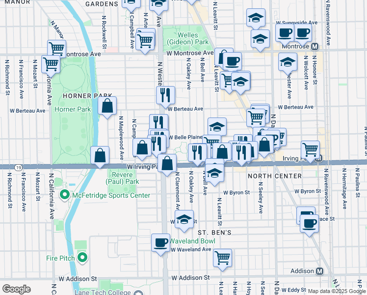 map of restaurants, bars, coffee shops, grocery stores, and more near 2328 Irving Park Road in Chicago
